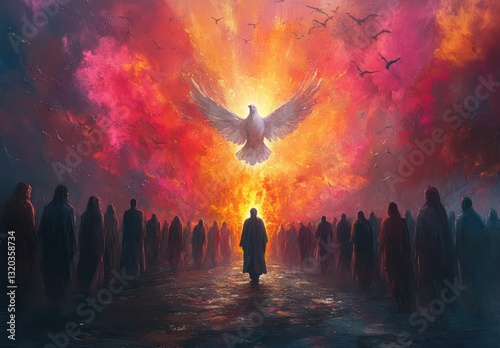 Descent of the Holy Spirit at Pentecost with Apostles in Watercolor Illustration