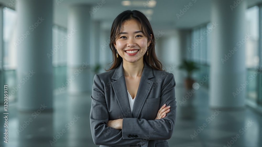 Confident woman standing with arms crossed in business setting. Confident woman standing with arms crossed in business setting.