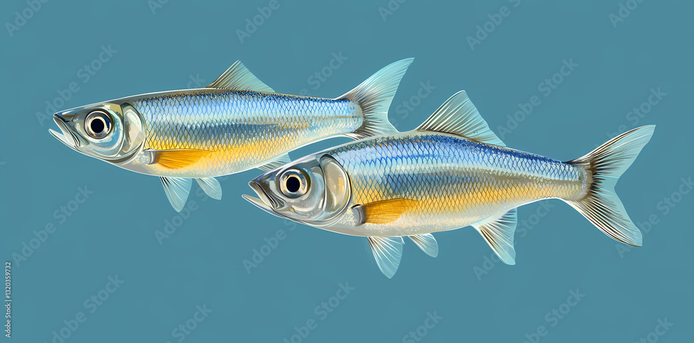 Fototapeta premium Aquatic Duo: Two sleek, silvery fish swim gracefully through clear waters, their fins shimmering with iridescent hues against the deep blue background.