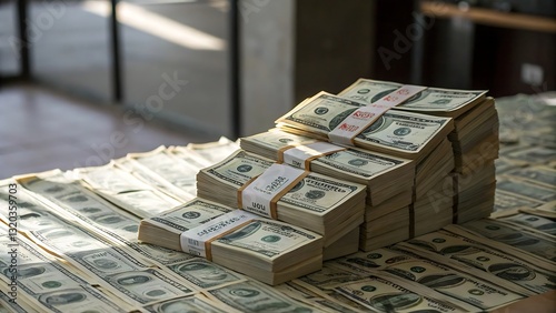 Stacks of Green: A substantial amount of United States currency neatly arranged in stacks, portraying wealth and financial abundance.