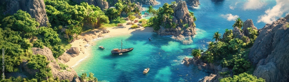 Obraz premium Serene Tropical Island Paradise with Crystal Clear Waters and Boats