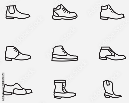 type of mens boots outline icons collection.various boots model thin line symbol isolated on background