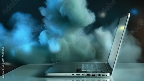Rocket launching smoke and fire emmision with a laptop web boosting concept