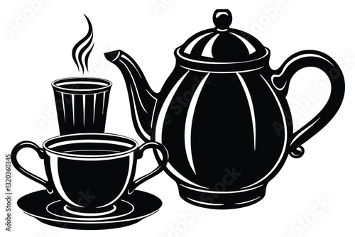 A black and white drawing of a teapot and a cup of tea