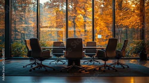 A stylish conference room with large windows and a view of autumn trees. Ideal for corporate meetings, business settings, and professional content.

