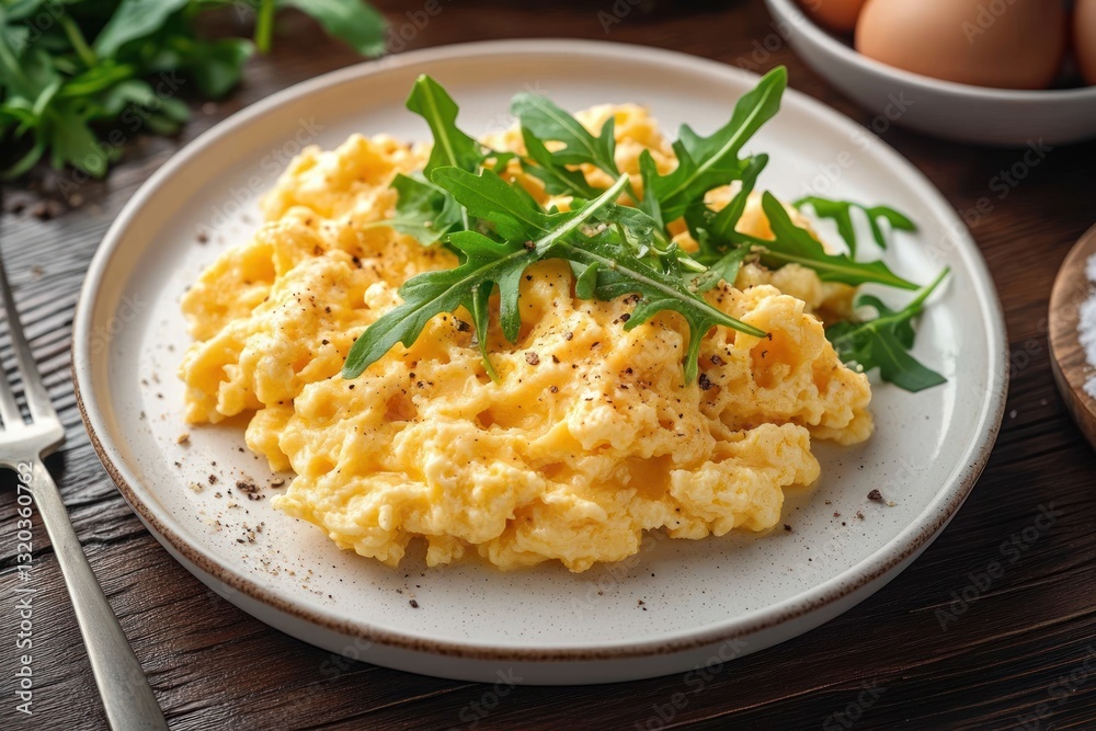 Scrambled Eggs with Arugula and Coffee for a Healthy Breakfast Scrambled Eggs with Arugula and Coffee for a Healthy Breakfast