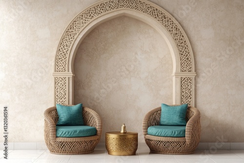 Beige archway room with wicker chairs, teal cushions, and gold side table