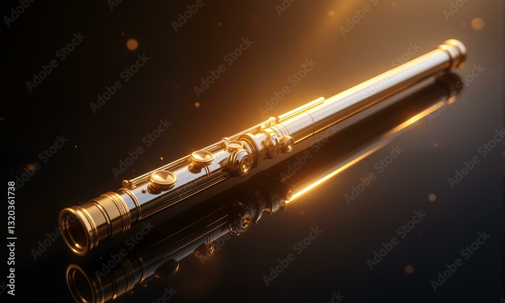 Naklejka premium Gold colored clarinet on reflective dark surface.