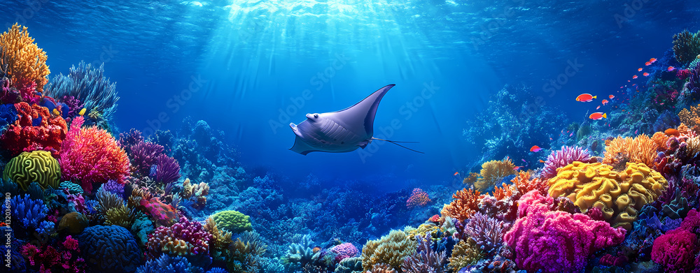 Fototapeta premium Ocean's Embrace: A serene panorama unveils the vibrant beauty of an underwater reef teeming with life, highlighted by a graceful manta ray gliding through sun-dappled waters.