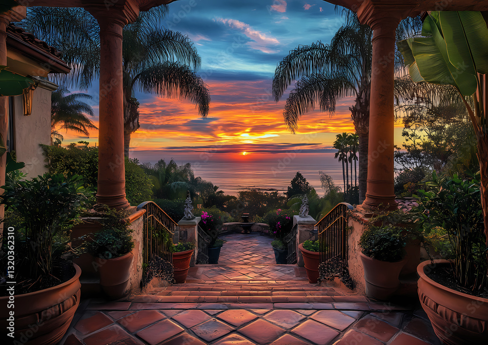 Fototapeta premium Sunset Vista: A luxurious balcony overlooks the sea, with lush tropical vegetation and a vibrant sunset painting the sky in fiery hues, evoking a sense of peace and opulence.