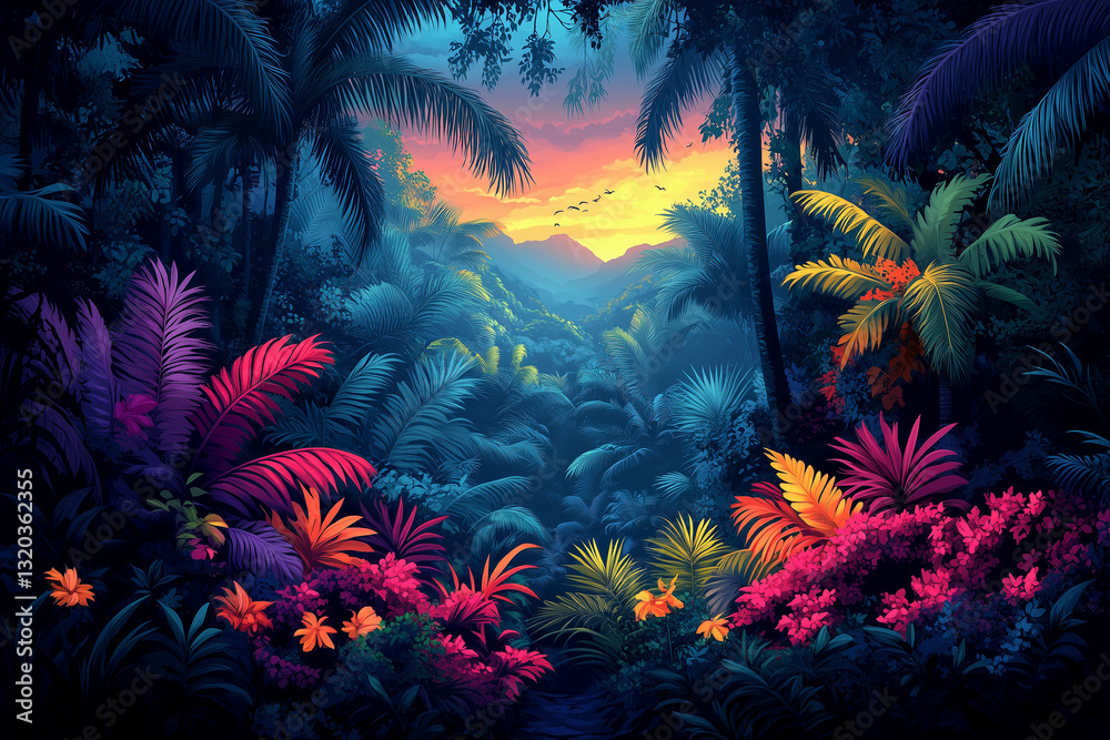Using a vivid and varied color palette, this detailed vector graphic depicts a lush rainforest that is abundant in plants and animals. Using a vivid and varied color palette, this detailed vector graphic depicts a lush rainforest that is abundant in plants and animals.