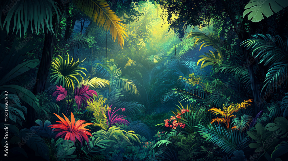 Using a vivid and varied color palette, this detailed vector graphic depicts a lush rainforest that is abundant in plants and animals. Using a vivid and varied color palette, this detailed vector graphic depicts a lush rainforest that is abundant in plants and animals.