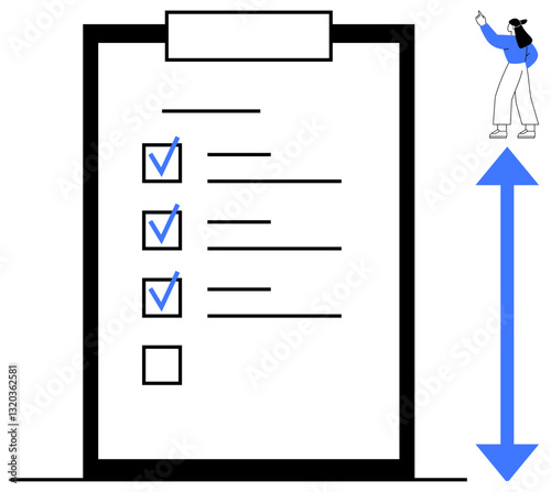 Checklist with marked tasks, small woman celebrating progress, and upward arrow symbolizing growth. Ideal for organization, productivity, completion, planning, goal-setting evaluation success. Flat