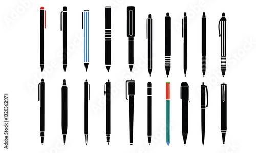 Flat vector set of colorful pens and pencils.