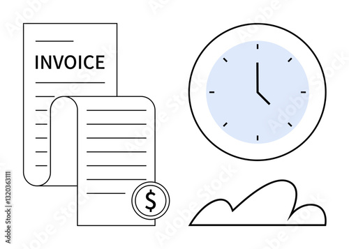 Invoice paper with a dollar coin next to a clock and abstract cloud. Ideal for finance, payment, billing, deadlines, accounting, time management, expense tracking. Flat simple metaphor