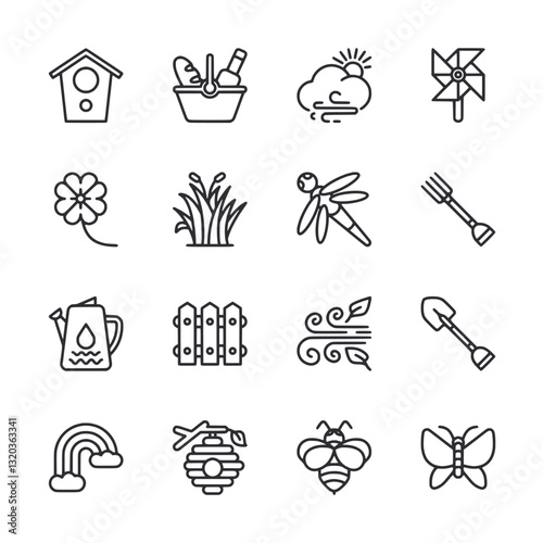 A collection of black and white icons for gardening and outdoor activities