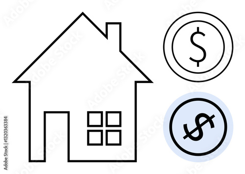 Minimalist house outline beside dollar coin icons conveying real estate value, savings, mortgage, housing market, investment, home ownership, property purchase. Ideal for finance, business flat