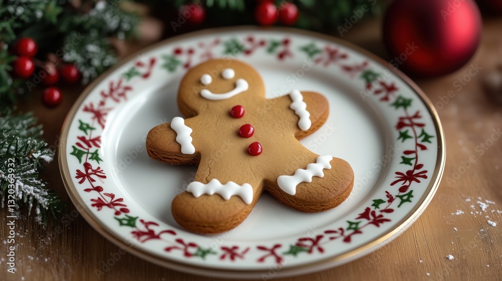 A gingerbread cookie shaped like a man on a festive plate with Christmas decorations. Perfect for holiday, Christmas, and festive-themed content.
A gingerbread cookie shaped like a man on a festive plate with Christmas decorations. Perfect for holiday, Christmas, and festive-themed content.