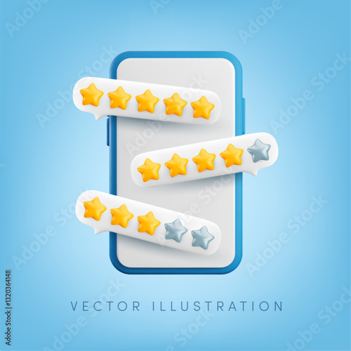 Vector cartoon 3d customer review banner. Cute minimal realistic 3d render of smartphone and speech bubble with stars on screen. Service rating, feedback illustration on blue background.