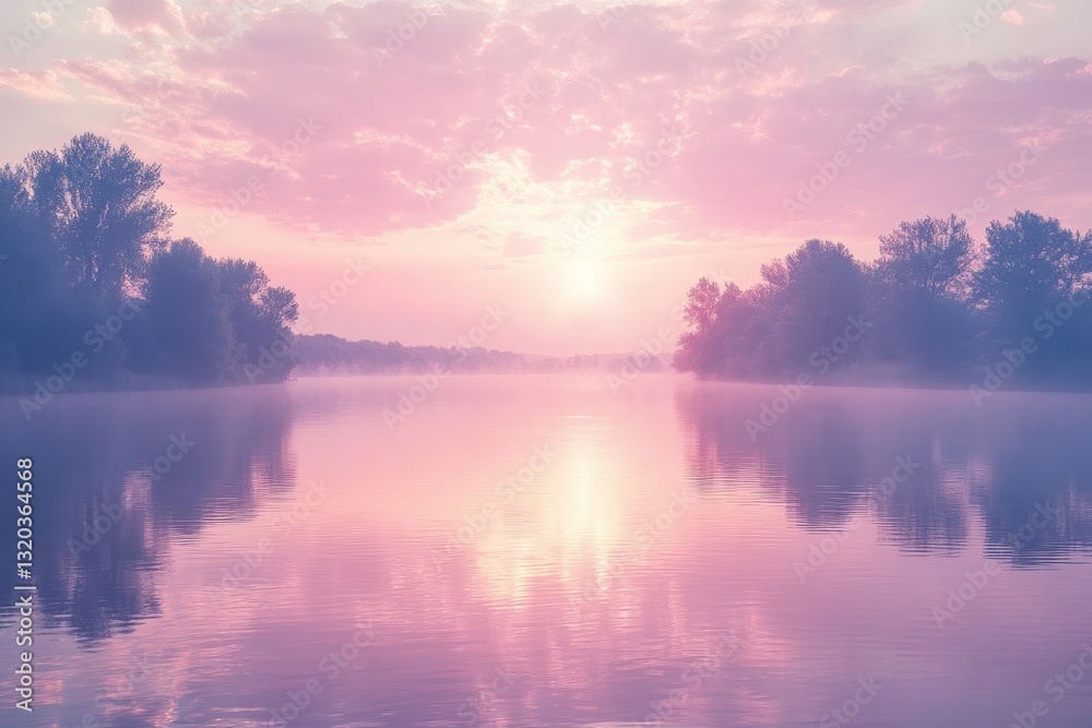 Serene Sunrise Over Misty Lake with Colorful Clouds and Reflections Serene Sunrise Over Misty Lake with Colorful Clouds and Reflections