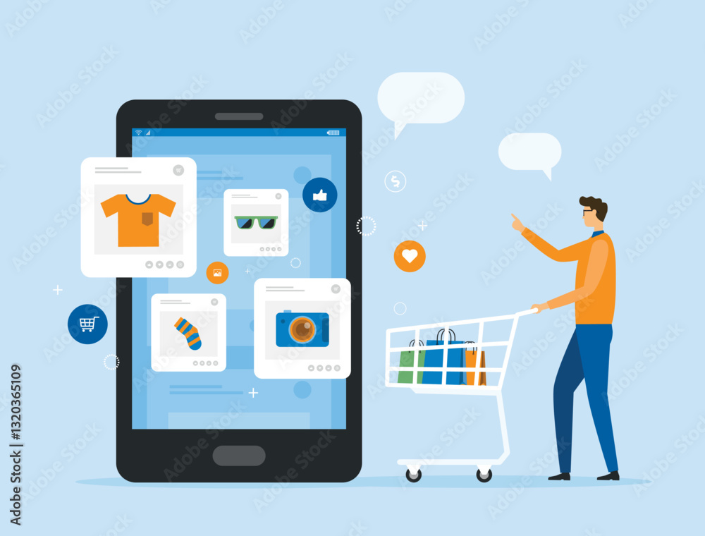flat vector illustration design for online shopping and e-commerce concept. a man shopping with a large smartphone displaying. mobile shopping experience concept
flat vector illustration design for online shopping and e-commerce concept. a man shopping with a large smartphone displaying. mobile shopping experience concept