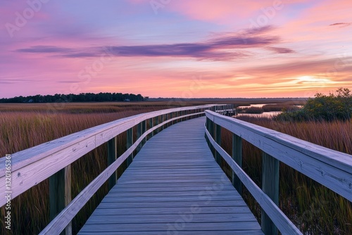 Sunset serenity on the boardwalk  embracing nature s beauty in a coastal marsh environment photo