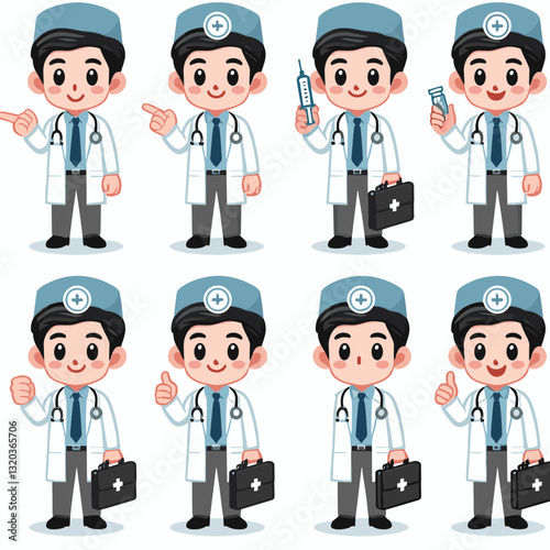 Illustrations representing diverse actions of a friendly cartoon doctor character