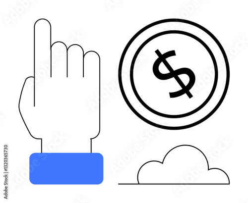 Hand pointing at dollar coin above a cloud. Ideal for finance, transactions, online payments, fintech, cloud technology, money management, decision-making in flat simple metaphor