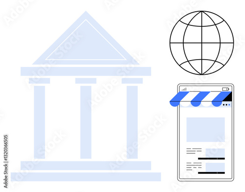 Government building silhouette, globe, and online storefront concept signify digitization, global reach, and e-commerce. Ideal for governance, digital transformation, globalization, technology
