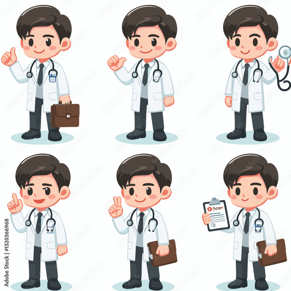 Illustrative array of a cheerful cartoon doctor in varying poses and scenarios Illustrative array of a cheerful cartoon doctor in varying poses and scenarios