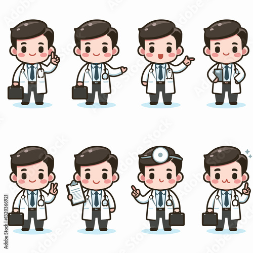 Collection of adorable doctor character designs in various poses and expressions