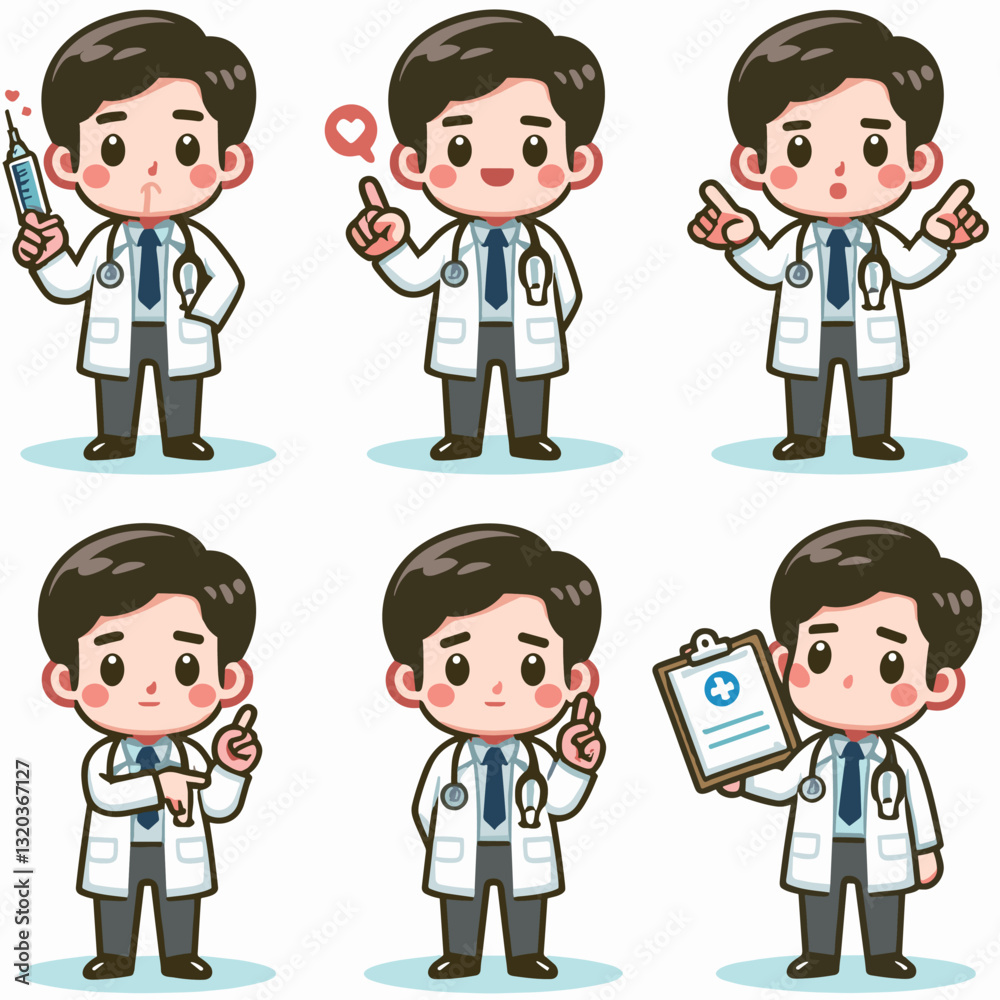 Cartoon doctor character set with various poses for medical and healthcare themes Cartoon doctor character set with various poses for medical and healthcare themes