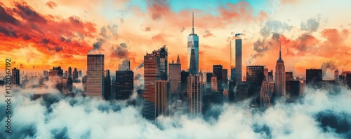 Dramatic Skyline of New York City at Sunset with Colorful Clouds
