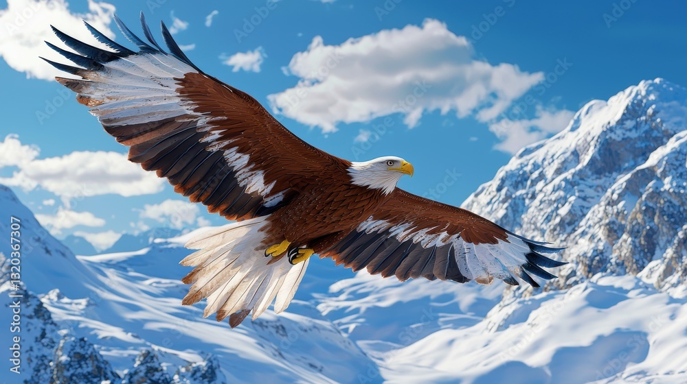 Fototapeta premium Majestic Bald Eagle Soaring Over Snowy Mountain Landscape Under Clear Blue Sky with Fluffy White Clouds
