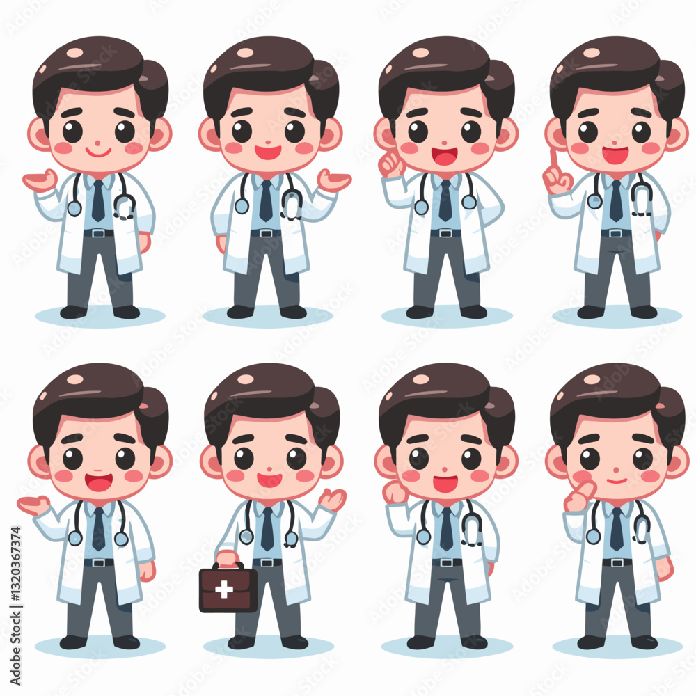 Illustrations of Cute Cartoon Doctor Characters in Various Poses and Expressions Illustrations of Cute Cartoon Doctor Characters in Various Poses and Expressions