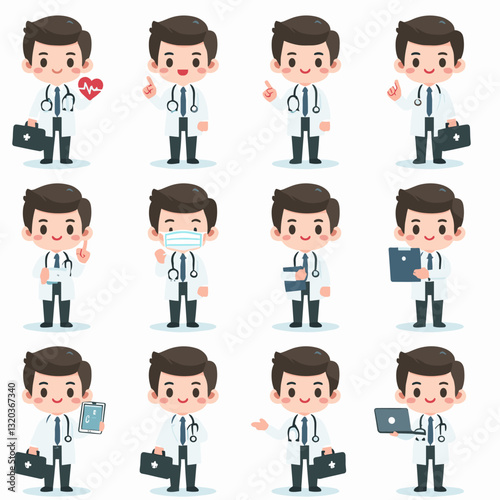 Collection of stylized doctor characters with various medical actions