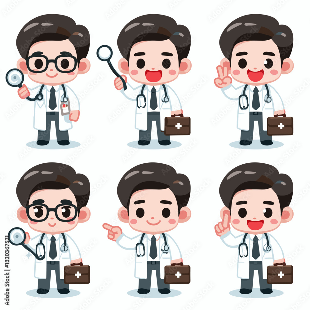 Cartoon doctor set with different gestures and medical equipment illustration Cartoon doctor set with different gestures and medical equipment illustration