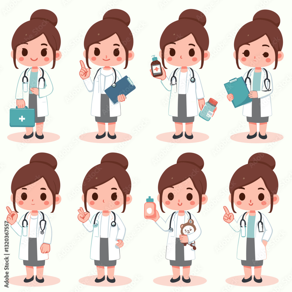Charming Cartoon Female Doctor Character Set for Healthcare Illustration Charming Cartoon Female Doctor Character Set for Healthcare Illustration