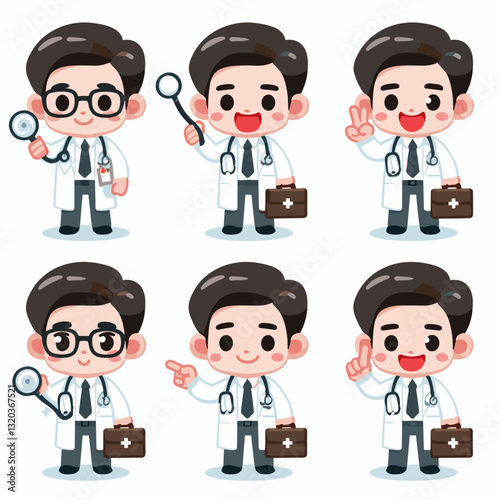 Cartoon doctor set with different gestures and medical equipment illustration