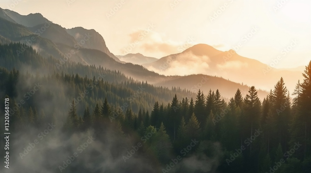 Obraz premium Serene Mountain Landscape at Sunrise with Misty Forests