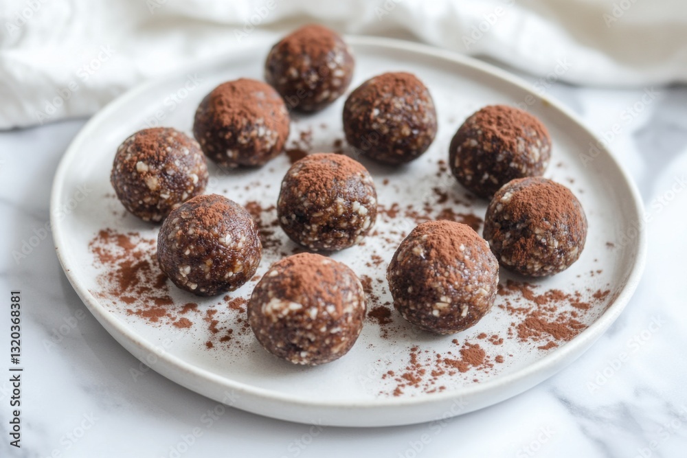 Delicious Chocolate Energy Bites on a White Plate with Cocoa Dust Delicious Chocolate Energy Bites on a White Plate with Cocoa Dust