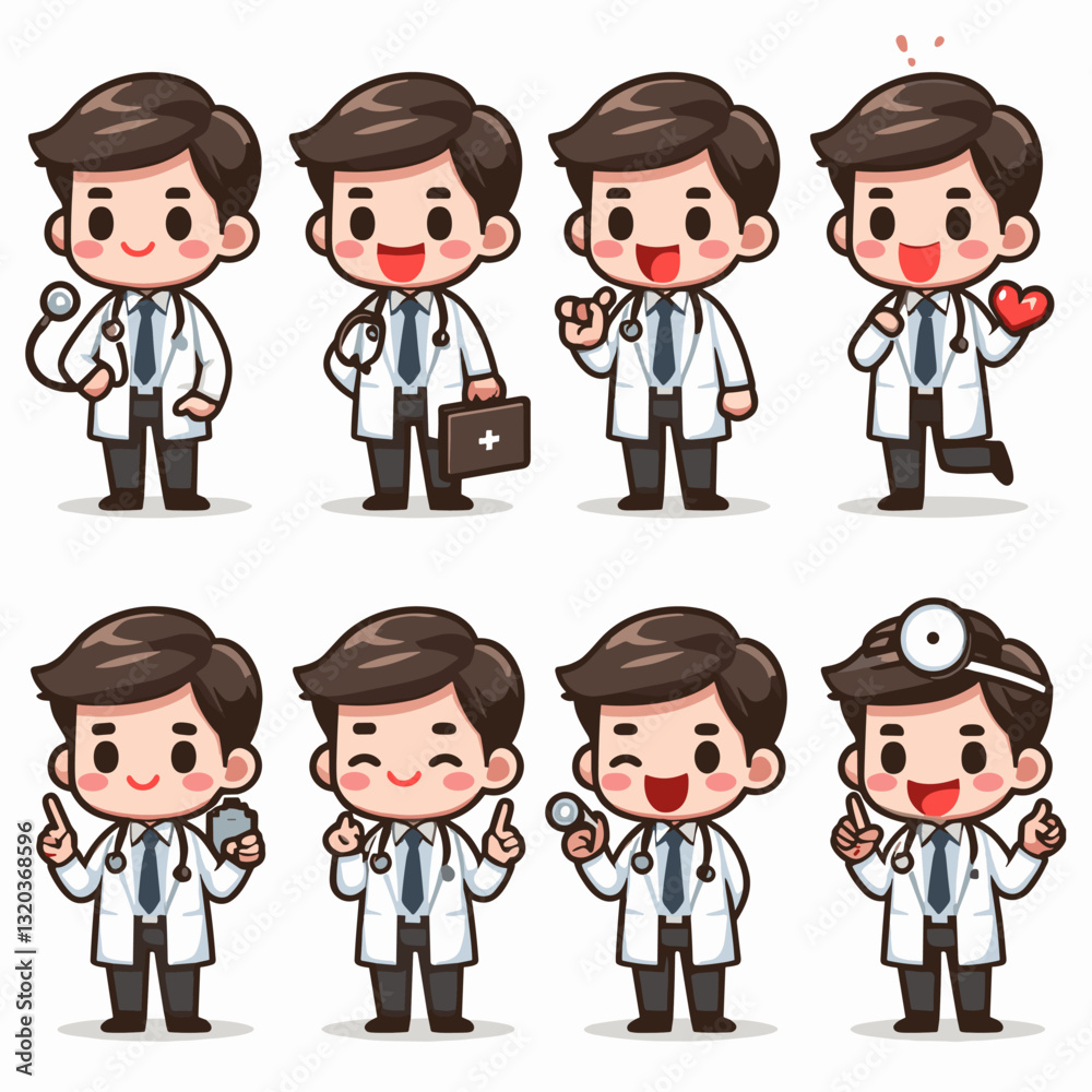 Cute Cartoon Doctor Characters with Various Poses and Medical Equipment Icons Cute Cartoon Doctor Characters with Various Poses and Medical Equipment Icons