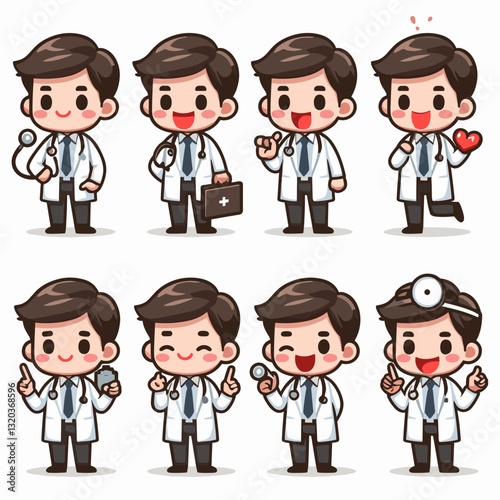 Cute Cartoon Doctor Characters with Various Poses and Medical Equipment Icons