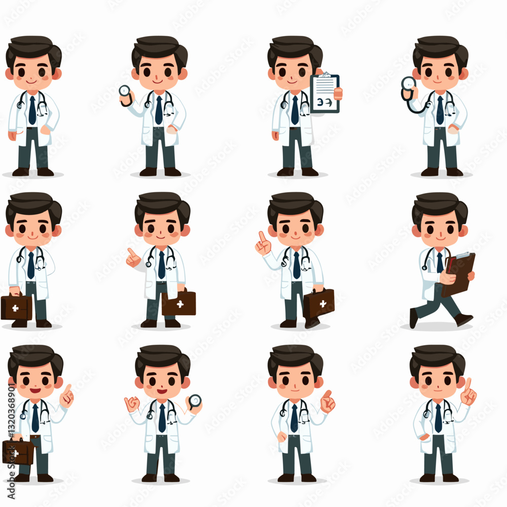 Cheerful cartoon doctor character in various poses, healthcare illustrations Cheerful cartoon doctor character in various poses, healthcare illustrations