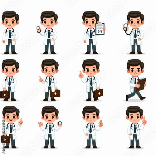 Cheerful cartoon doctor character in various poses, healthcare illustrations