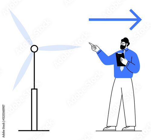 Man with clipboard pointing at wind turbine, highlighting sustainability and clean energy. Ideal for innovation, leadership, ecology, renewable resources, green technology, strategic planning, flat