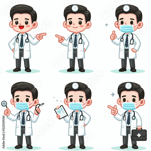 Adorable Cartoon Doctor Characters in Various Poses Ready for Medical Work