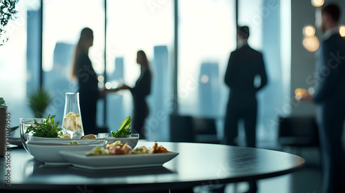 Business Lunch Meeting: Capturing the essence of a successful business meeting, a table set with gourmet lunch options sits in the foreground.