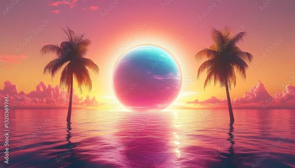 Fototapeta premium Surreal tropical sunset scene with vibrant pink and orange hues, two palm trees, and a large glowing orb rising from the ocean. Perfect for fantasy, dreamscape, or relaxation themes.