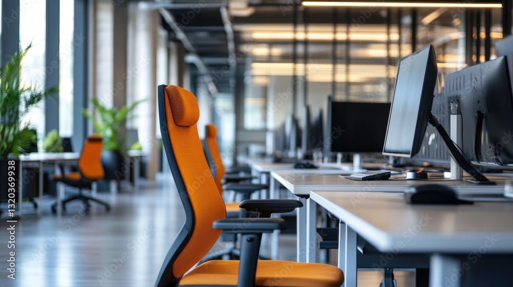 Empty Modern Office Space Showing Desks Monitors and Chairs Empty Modern Office Space Showing Desks Monitors and Chairs